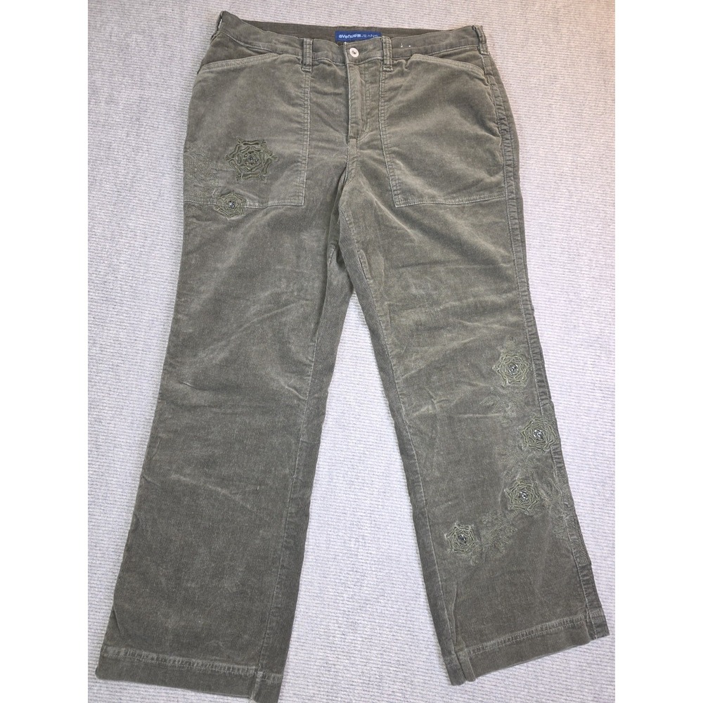 Avenue Jeans Embroidered Rhinestone Flowers Womens Sz 16 Olive Green Corduroy